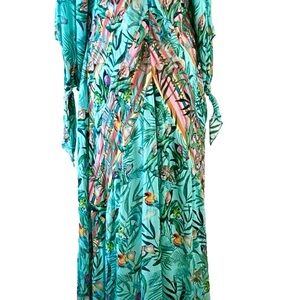 Johnny Was Taina Dress Paneled Cover Up Turquoise Teal Blue Tropical Birds